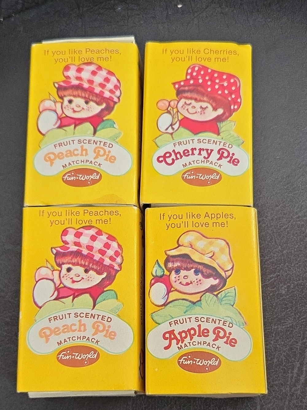 Vintage 1980s Fun World Fruit Scented Matchpack Doll Lot Apple Peach Cherry Pie
